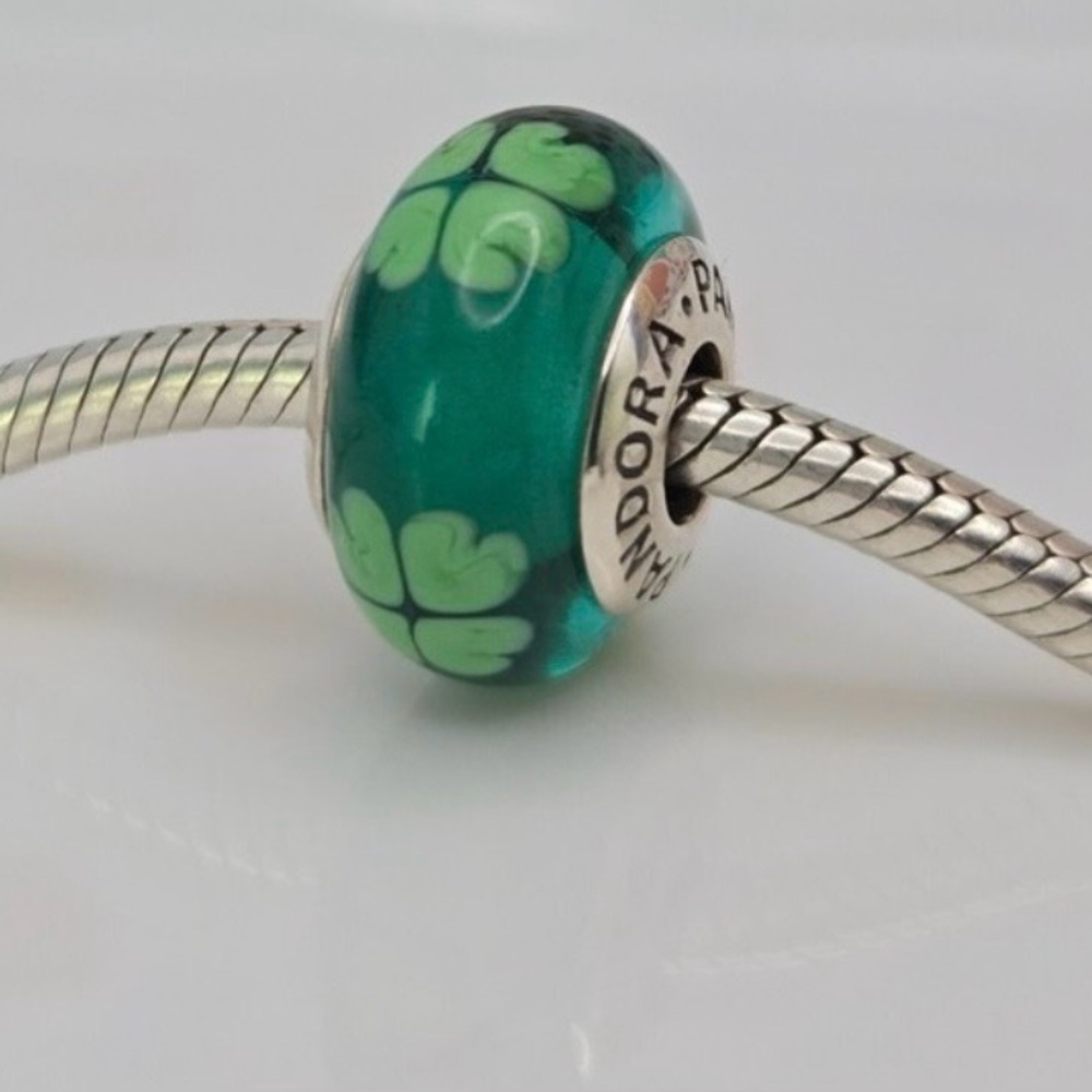 Pandora Silver and Green Murano Glass Four Clover Charm